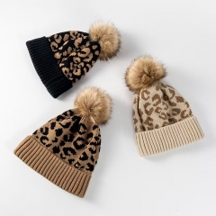 Leopard Print Knit Pom-Pom Beanie