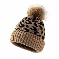 Leopard Print Knit Pom-Pom Beanie