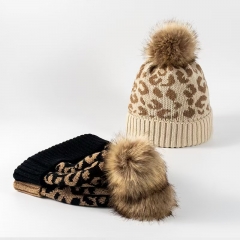 Leopard Print Knit Pom-Pom Beanie